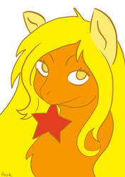 Size: 2507x3541 | Tagged: safe, artist:haodz, earth pony, pony, chest fluff, looking at you, no pupils, orange coat, red star, solo, yellow mane