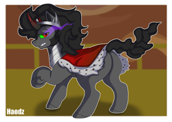 Size: 3541x2508 | Tagged: safe, artist:haodz, king sombra, pony, unicorn, g4, butt, cape, clothes, horn, male, passepartout, plot, raised hoof, solo, sombra eyes, stallion, underhoof