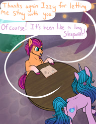 Size: 2048x2650 | Tagged: safe, artist:sunny-and-sparkle, izzy moonbow, sunny starscout, earth pony, pony, unicorn, comic:finding the spark, g5, book, comic, dialogue, duo, duo female, female, horn, la villa izzy, mare, table