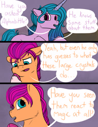 Size: 2048x2650 | Tagged: safe, artist:sunny-and-sparkle, izzy moonbow, sunny starscout, earth pony, pony, unicorn, comic:finding the spark, g5, comic, dialogue, duo, duo female, female, horn, implied alphabittle blossomforth, mare