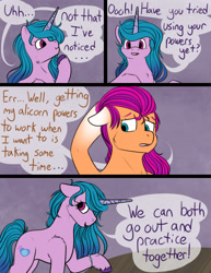 Size: 2048x2650 | Tagged: safe, artist:sunny-and-sparkle, izzy moonbow, sunny starscout, earth pony, pony, unicorn, comic:finding the spark, g5, comic, dialogue, duo, duo female, female, horn, implied sunnycorn, mare