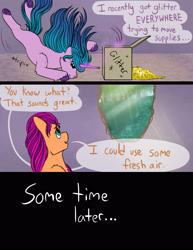 Size: 2048x2650 | Tagged: safe, artist:sunny-and-sparkle, izzy moonbow, sunny starscout, earth pony, pony, unicorn, comic:finding the spark, g5, box, comic, dialogue, duo, duo female, falling, female, glitter, horn, looking out the window, mare, teary eyes, tripping, window