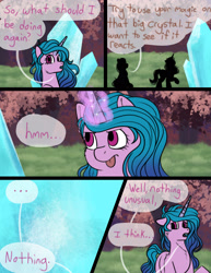 Size: 2048x2650 | Tagged: safe, artist:sunny-and-sparkle, izzy moonbow, sunny starscout, earth pony, pony, unicorn, comic:finding the spark, g5, bridlewood, comic, crystal, dialogue, duo, duo female, female, forest, glowing, glowing horn, horn, mare, nature, silhouette, tree