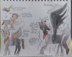 Size: 3305x2604 | Tagged: safe, artist:blackblade360, oc, oc only, oc:blade, alicorn, pony, shadow pony, unicorn, fallout equestria, alicorn oc, angry, artificial alicorn, brown coat, brown eyes, brown mane, brown tail, colored pencil drawing, creepy, crying, dark magic, evolution, glowing, glowing eyes, horn, implied experimenting, implied torture, irl, looking at you, magic, male, modified, not pony of shadows, now you fucked up, one ear down, open mouth, pain, paper, photo, rock, sad, shadow, signature, spread wings, stallion, stallion oc, story included, tail, traditional art, wings