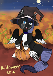 Size: 2507x3541 | Tagged: safe, artist:haodz, oc, oc only, pegasus, pony, hat, moon, pumpkin, shooting star, solo, stars, witch hat