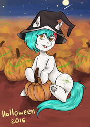 Size: 2507x3541 | Tagged: safe, artist:haodz, oc, oc only, earth pony, pony, hat, moon, pumpkin, shooting star, solo, stars, witch hat