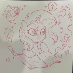 Size: 1826x1826 | Tagged: safe, artist:miss-aciturn, sunset shimmer, pony, unicorn, g4, book, horn, lineart, pencil drawing, solo, traditional art