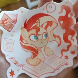 Size: 3072x3072 | Tagged: safe, artist:miss-aciturn, sunset shimmer, pony, unicorn, g4, badge, book, horn, irl, photo, solo, traditional art