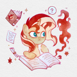 Size: 3130x3130 | Tagged: safe, artist:miss-aciturn, sunset shimmer, pony, unicorn, g4, book, female, fiery shimmer, fire, horn, mare, paper, question mark, scroll, solo, sparkles, yellow coat