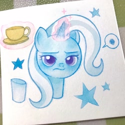 Size: 2160x2160 | Tagged: safe, artist:miss-aciturn, trixie, pony, unicorn, g4, bust, coffee, female, horn, mare, photo, portrait, solo, traditional art, trixie is not amused, unamused