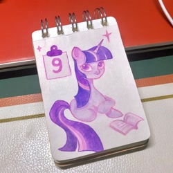 Size: 2160x2160 | Tagged: safe, artist:miss-aciturn, twilight sparkle, pony, unicorn, g4, female, horn, mare, notepad, photo, solo, traditional art