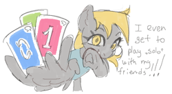 Size: 656x360 | Tagged: safe, artist:azaani, derpy hooves, pegasus, pony, g4, dialogue, female, mare, playing card, simple background, solo, talking to viewer, underhoof, uno, white background, wing hands, wing hold, wings