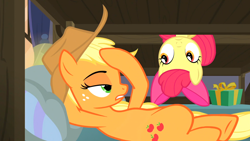 Size: 4096x2304 | Tagged: safe, screencap, apple bloom, applejack, earth pony, pony, g4, hearthbreakers, season 5, bow, bunk bed, chest, closed mouth, defined chest, duo, duo female, female, filly, foal, hair bow, hat, hoof on head, lidded eyes, looking at each other, looking at someone, lying down, mare, pillow, present, resting, upside down, wood