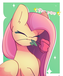 Size: 2000x2400 | Tagged: safe, artist:miryelis, fluttershy, pegasus, pony, g4, big ears, cute, eyes closed, flower, flower in mouth, long hair, mouth hold, rose, rose in mouth, shyabetes, simple background, smiling, solo, text