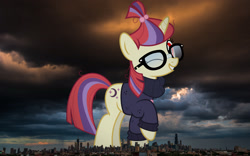 Size: 1920x1200 | Tagged: safe, artist:jhayarr23, edit, editor:jaredking779, moondancer, pony, unicorn, g4, alternate eye color, attack on pony, chicago, clothes, evil, female, giant pony, giantess, glasses, grin, highrise ponies, horn, illinois, irl, long description, looking at you, macro, mare, one eye closed, photo, ponies in real life, raised hoof, smiling, solo, story included, sweater, vulgar description, wink, winking at you, wrong eye color