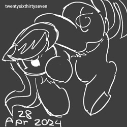 Size: 1080x1080 | Tagged: safe, artist:twentysixthirtyseven, octavia melody, earth pony, pony, g4, ass up, date (time), featureless crotch, female, frown, gray background, looking back, monochrome, raised tail, scratching, simple background, sketch, solo, spread legs, spreading, tail