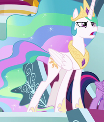 Size: 610x720 | Tagged: safe, screencap, princess celestia, twilight sparkle, alicorn, pony, g4, the ending of the end, canterlot castle interior, celestia's crown, cropped, duo, duo female, female, folded wings, hoof shoes, peytral, twilight sparkle (alicorn), wings