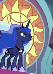 Size: 515x720 | Tagged: safe, screencap, princess luna, g4, the ending of the end, canterlot castle interior, cropped, female, hoof shoes, mare, solo, stained glass, standing