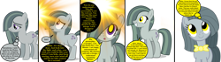 Size: 1280x365 | Tagged: safe, artist:kingdom-of-rp, marble pie, earth pony, pony, g4, :o, alternate hairstyle, bowtie, brainwashed, comic, cute, excited, female, glowing, glowing eyes, grin, happy trance, hypnosis, hypnotized, implied pinkie pie, marblebetes, mare, master, necktie, offscreen character, open mouth, personality change, sad, scared, simple background, smiling, transparent background, wholesome, yellow eyes