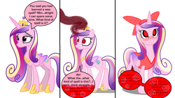 Size: 1280x720 | Tagged: safe, artist:kingdom-of-rp, princess cadance, alicorn, pony, g4, alternate eye color, blushing, bow, clothes, comic, crown, female, folded wings, hair bow, happy trance, hypnosis, hypnotized, jewelry, magic, mare, offscreen character, personality change, regalia, simple background, story included, transparent background, uniform, wings