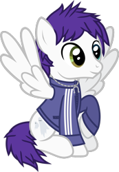 Size: 836x1210 | Tagged: safe, artist:lightningbolt, derpibooru exclusive, pegasus, pony, .svg available, awsten knight, clothes, dyed mane, dyed tail, happy, heterochromia, horseshoes, jacket, jewelry, long sleeves, male, necklace, ponified, raised hoof, show accurate, simple background, sitting, smiling, solo, spread wings, stallion, svg, tail, track jacket, transparent background, vector, waterparks, wings