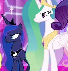 Size: 687x720 | Tagged: safe, screencap, princess celestia, princess luna, rarity, alicorn, pony, g4, season 9, the ending of the end, canterlot castle interior, cropped, female, trio, trio female