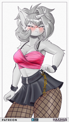 Size: 2160x3840 | Tagged: safe, artist:maximus, oc, oc only, oc:sunlight stellaris, unicorn, anthro, blushing, breasts, cleavage, clothes, ear fluff, elbow fluff, female, fishnet clothing, fishnet stockings, high res, horn, looking down, midriff, miniskirt, shoulder fluff, skirt, solo, stockings, tank top, thigh highs, three quarter view, unicorn oc, wristband