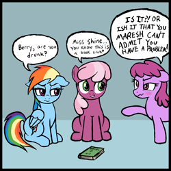 Size: 2000x2000 | Tagged: safe, artist:anonymous, artist:vomitvomiting, berry punch, berryshine, cheerilee, rainbow dash, earth pony, pegasus, pony, g4, alcoholics anonymous, book, book club, colored, comic, daring do book, derp, dialogue, drawthread, drunk, female, flat colors, folded wings, frame, go home you're drunk, looking at each other, looking at someone, mare, misunderstanding, one sided smile, one-panel comic, rainbow dash is not amused, raised hoof, requested art, simpsons did it, sitting, smiling at someone, speech bubble, talking, trio, trio female, two toned background, unamused, wings