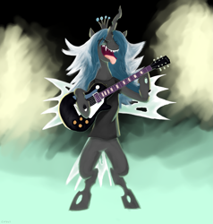 Size: 1601x1682 | Tagged: safe, alternate version, artist:themightycoolblender, queen chrysalis, changeling, changeling queen, g4, bipedal, clothes, drawthread, female, guitar, musical instrument, requested art, shirt, solo, t-shirt