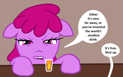 Size: 3912x2452 | Tagged: safe, artist:vomitvomiting, berry punch, berryshine, earth pony, pony, g4, colored, dialogue, drink, drinking glass, female, free drinks, glass, mare, one-panel comic, shut up, small, solo