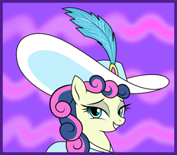 Size: 2000x1753 | Tagged: safe, artist:vomitvomiting, bon bon, sweetie drops, pony, a canterlot wedding, g4, abstract background, feather, feathered hat, female, frame, grin, hat, mare, smiling, solo