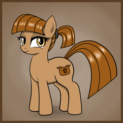 Size: 4000x4000 | Tagged: safe, artist:anonymous, artist:vomitvomiting, oc, oc only, oc:brown box, earth pony, pony, /bale/, brown coat, brown mane, brownish eyes, colored, earth pony oc, female, frame, gamboge eyes, gradient background, grayish brown coat, hairband, light brown mane, looking at you, mare, mare oc, pony oc, ponytail, shiny mane, solo, standing