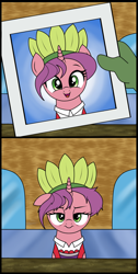 Size: 1008x2000 | Tagged: safe, artist:vomitvomiting, carrot bun, oc, human, pony, unicorn, g4, 2 panel comic, comic, female, hand, horn, human oc, implied anon, lidded eyes, mare, offscreen character, offscreen human, open mouth, open smile, party pooper pants, photo, pov, reference, smiling, spongebob reference, spongebob squarepants