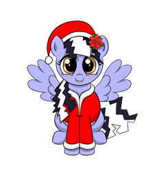 Size: 2600x2800 | Tagged: safe, artist:vomitvomiting, oc, oc only, pegasus, pony, g4, blushing, christmas, clothes, costume, female, female oc, flower, flower in hair, grin, hat, holiday, looking at you, mare, pegasus oc, santa costume, santa hat, simple background, sitting, smiling, smiling at you, solo, spread wings, transparent background, two toned mane, wings