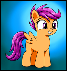 Size: 2000x2124 | Tagged: safe, artist:anonymous, artist:vomitvomiting, scootaloo, pegasus, pony, g4, colored, drawthread, eyebrows, female, filly, foal, frame, gradient background, grin, requested art, smiling, solo, standing