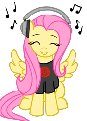 Size: 2892x4000 | Tagged: safe, artist:vomitvomiting, fluttershy, pegasus, pony, g4, colored, colored lineart, cute, eyebrows, eyes closed, female, flat colors, grin, headphones, listening to music, mare, music notes, simple background, sitting, smiling, solo, spread wings, transparent background, wings