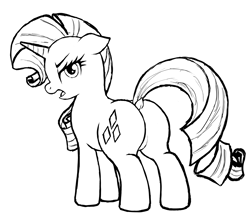 Size: 1724x1532 | Tagged: safe, artist:vomitvomiting, rarity, pony, unicorn, g4, butt, dock, featureless crotch, female, horn, looking at you, looking back, looking back at you, mare, monochrome, plot, rearity, simple background, solo, tail, white background