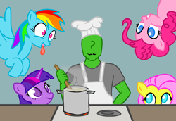 Size: 948x654 | Tagged: safe, artist:vomitvomiting, fluttershy, pinkie pie, rainbow dash, twilight sparkle, oc, oc:anon, earth pony, human, pegasus, pony, unicorn, g4, colored, cook hat, cooking, facial hair, female, group, horn, human oc, male, mare, moustache, quintet, quintet male and female, stirring, stove, tongue out