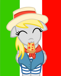 Size: 2695x3352 | Tagged: safe, artist:vomitvomiting, derpy hooves, pegasus, pony, g4, :3, boater, clothes, colored lineart, eyelashes, eyes closed, facing you, female, flag background, floppy ears, food, head tilt, italy, mouth hold, neckerchief, pizza, smiling, solo, striped sleeves, three toned background, vest