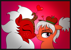 Size: 2916x2062 | Tagged: safe, artist:vomitvomiting, oc, oc only, kirin, pony, apple hat, duo, eyes closed, eyes open, female, frame, gradient background, hat, heart, kirin oc, pony oc, touching noses, wavy mouth