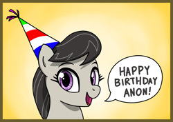 Size: 2668x1884 | Tagged: safe, artist:anonymous, artist:vomitvomiting, octavia melody, earth pony, pony, g4, birthday, colored, cute, drawthread, eyebrows, female, frame, gradient background, happy birthday, hat, implied anon, looking at you, mare, party hat, raised eyebrows, solo, talking to viewer