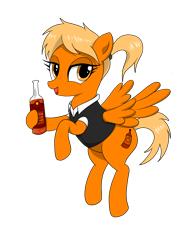 Size: 3000x4000 | Tagged: safe, artist:vomitvomiting, oc, oc only, pegasus, pony, bottle, clothes, female, female oc, flying, holding a bottle, hoof hold, looking at you, mare, open mouth, orange coat, pegasus oc, simple background, smiling, smiling at you, solo, transparent background