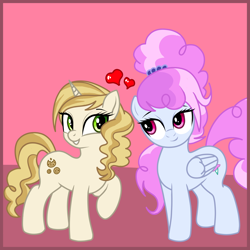 Size: 2000x2000 | Tagged: safe, artist:vomitvomiting, cotton sky, sweet biscuit, pegasus, pony, unicorn, g4, duo, duo female, female, frame, heart, horn, mare, raised hoof, standing