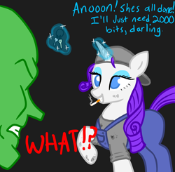 Size: 2406x2357 | Tagged: safe, artist:vomitvomiting, rarity, oc, oc:anon, human, pony, unicorn, g4, baseball cap, blue eyeshadow, cap, cigarette, clothes, comic, dialogue, dirty, dirty clothes, duo, duo male and female, eyeshadow, female, glowing, glowing horn, hat, horn, human oc, key, levitation, magic, makeup, male, mare, one-panel comic, out of character, overalls, raised hoof, shocked, shocked expression, telekinesis