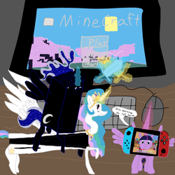 Size: 2500x2500 | Tagged: safe, artist:wisdomvision f., princess celestia, princess luna, twilight sparkle, alicorn, g4, bad art series, gamer, i'm learning a lot here, minecraft, nintendo switch, pc master race, playstation, xbox