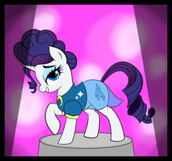 Size: 5294x4935 | Tagged: safe, artist:vomitvomiting, rarity, pony, unicorn, g4, alternate hairstyle, clothes, female, horn, lidded eyes, mare, raised hoof, see-through, see-through skirt, skirt, solo, spotlight