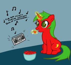 Size: 2672x2432 | Tagged: safe, artist:vomitvomiting, oc, oc only, pony, unicorn, bowl, californication, chili pepper, chili peppers, colored, eating, female, female oc, flat colors, green mane, green tail, herbivore, horn, levitation, listening to music, lyrics, magic, mare, mare oc, red coat, red hot chili peppers, sitting, solo, tail, telekinesis, text, unicorn oc