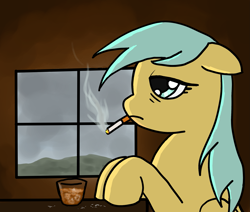 Size: 2349x1991 | Tagged: safe, artist:vomitvomiting, sunshower raindrops, pegasus, pony, g4, alcohol, cigarette, cigarette smoke, drink, female, glass, lidded eyes, mare, smoke, smoking, solo, tired, window