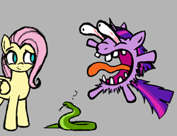 Size: 4000x3087 | Tagged: safe, artist:vomitvomiting, fluttershy, twilight sparkle, pegasus, pony, snake, g4, cartoon physics, courage the cowardly dog, duo, duo female, eyebrows, faic, female, gray background, mare, ophidiophobia, question mark, raised eyebrow, scared, screaming, simple background, terrified, wild take