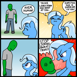 Size: 2000x2002 | Tagged: safe, artist:vomitvomiting, trixie, oc, oc:anon, human, pony, unicorn, g4, 4 panel comic, :3, abstract background, angry, colored, comic, cute, dialogue, diatrixes, drawthread, duo, duo male and female, female, frame, frustrated, gradient background, height difference, horn, human oc, looking at each other, looking at someone, looking down, madorable, male, mare, ponified, ponified comic, requested art, smug, swirly eyes, tackle, third person, yelling